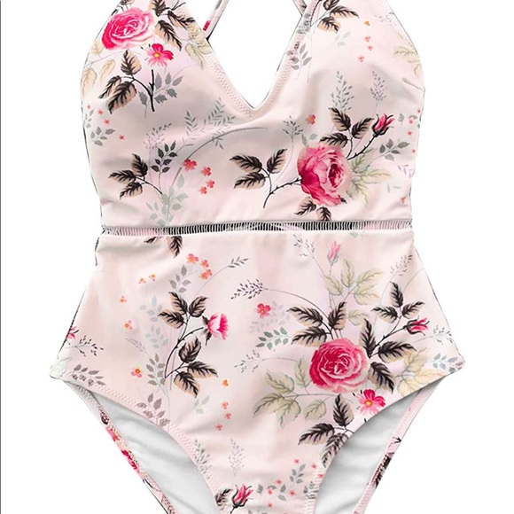 CUPSHE Tie Back High Waisted Shallow Waters Floral Print One-Piece Swimsuit - Picture 5 of 12